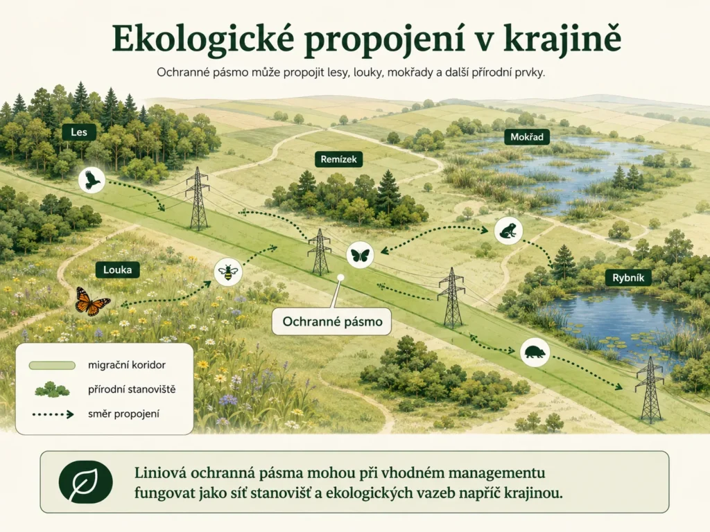 Mapa znázorňující ochranné pásmo jako migrační koridor mezi lesem, loukou, mokřadem a rybníkem.