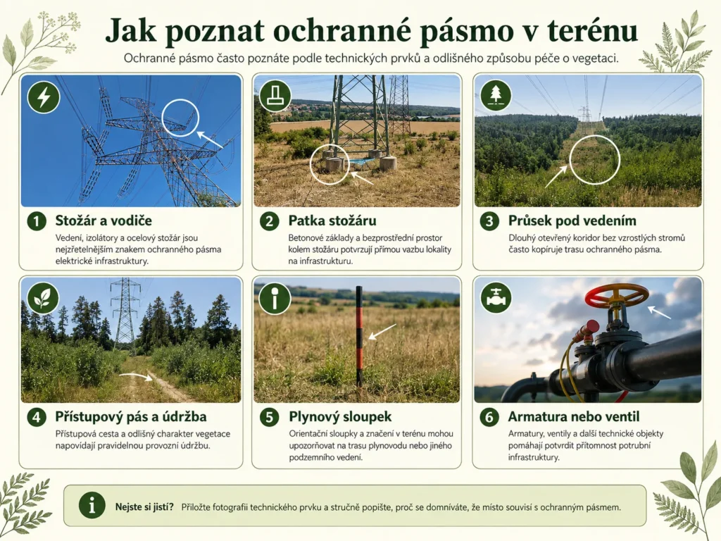 Přehled znaků ochranného pásma: stožár, vodiče, patka stožáru, průsek, plynový sloupek a armatura.