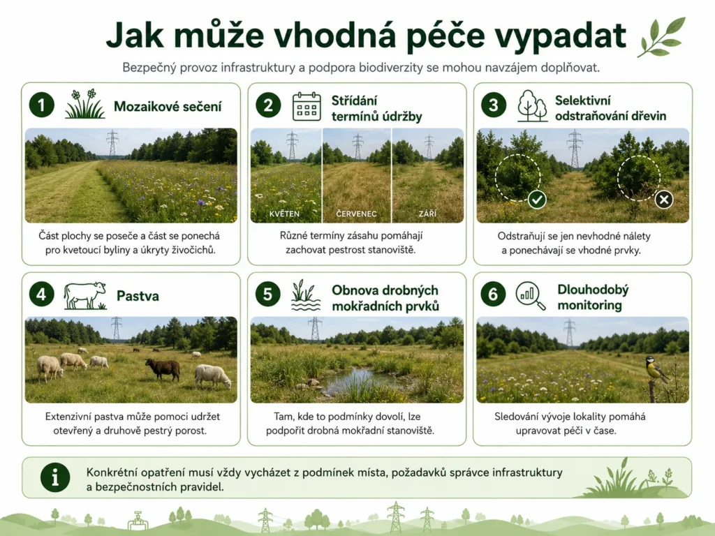 Příklady mozaikového sečení, střídání termínů, selektivní péče, pastvy, mokřadů a monitoringu.